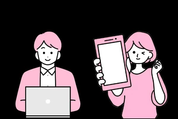 ホームページ制作をする男性とスマホから制作過程を確認する女性